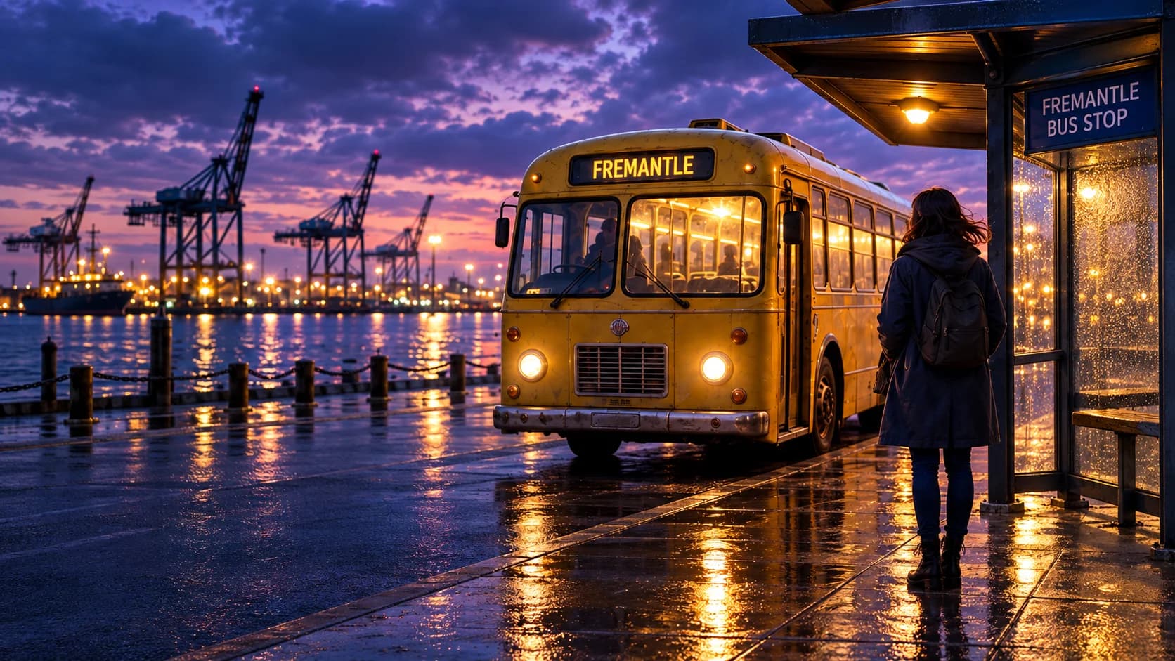 A golden vintage bus and a mysterious passenger at Fremantle harbour after dark — AI-generated fictional scene